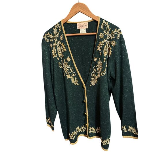 Vintage Jaclyn Smith Green Metallic Embroidered Cardigan Sweater W/ Gold Trim & - Picture 1 of 5